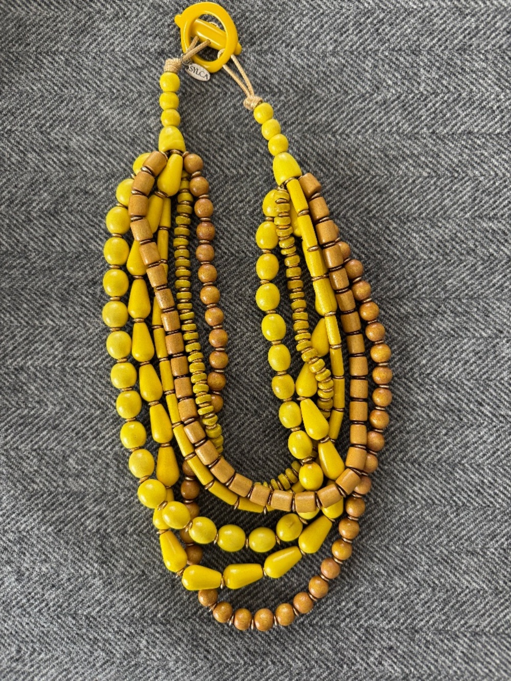 NWT FRANCES VALENTINE MULTI STRAND MUSTARD YELLOW WOOD BEADED NECKLACE